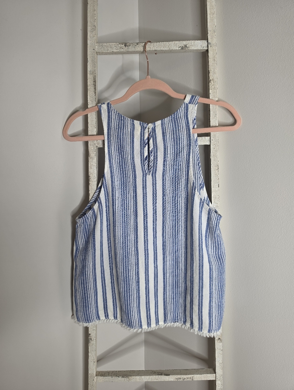 Cloth & Stone Women's Large Linen Blend Fringe Sleeveless Blue White Stripe Top - Picture 4 of 5